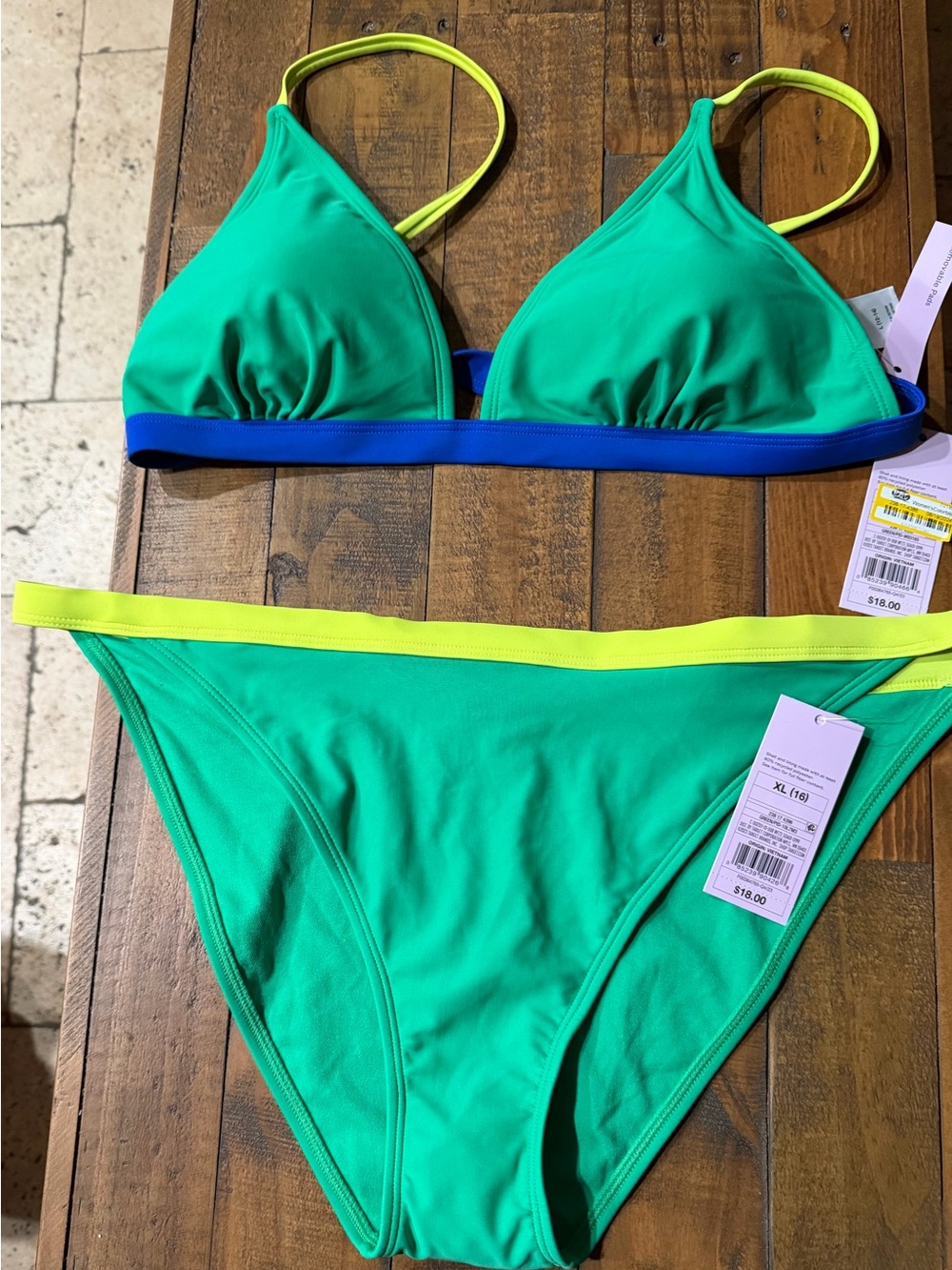 Target Green Bikini Set with Neon Yellow Trim and Blue Band